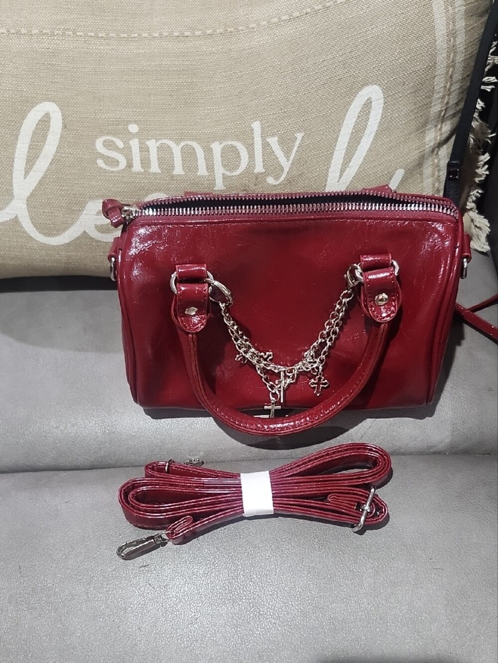 Glossy Vegan Leather Burgundy Dome Satchel/Crossbody Wirh Charm - Picture 10 of 11